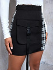 Women Buckle Flap Pocket Contrast Plaid Skirt