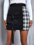 Women Buckle Flap Pocket Contrast Plaid Skirt