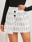 Button Front Wrap Tweed Skirt