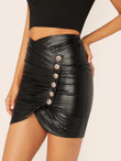 Faux Leather Pleated Button Detail Mini Skirt