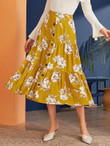 Button Front Layered Ruffle Hem Floral Print Skirt