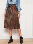 Button Front Colorful Striped Belted Paperbag Skirt