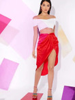 Twist Waist Asymmetrical Hem Satin Skirt