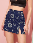 Abstract Galaxy Print Slit Hem Skirt