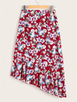Floral Print High Waist Double Layer Asymmetrical Hem Skirt