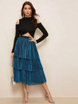 Contrast Waist Layered Flounce Glitter Skirt
