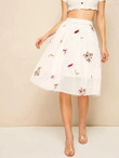 Embroidered Mesh Overlay Flared Skirt