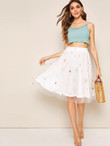 Elastic Waist Embroidered And Sequin Mesh Overlay Skirt