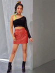 Zip Front Pocket Side PU Leather Skirt