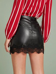 Lace Panel Split Hem PU Mini Skirt