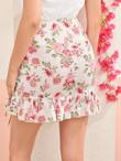 Floral Print Ruffle Trim Drawstring Detail Skirt