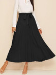 High Waist Self Belted Pleated Skirt