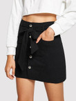 Dual Pocket Button Front Belted Skirt