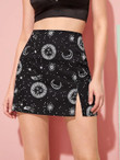 Moon & Sun Print Split Hem A-Line Skirt