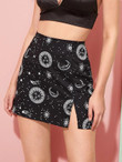 Moon & Sun Print Split Hem A-Line Skirt