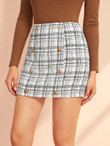 Gold Double Breasted Plaid Tweed Skirt