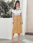 Button Front Grid Midi Skirt