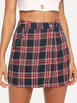 Zipper & Pocket Up Plaid Skirt