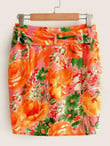 Floral Print High Low Belted Skirt