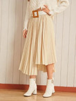 Solid Asymmetrical Belted Pleated Skirt