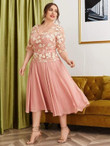 Women Plus Size Floral Embroidered Mesh Panel Pearls Dress