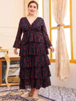 Women Plus Size Lace Surplice Flounce Sleeve Layered Dress