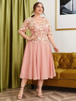 Women Plus Size Floral Embroidered Mesh Panel Pearls Dress