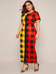 Women Plus Size Buffalo Plaid Colorblock Dress