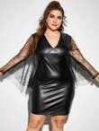 Women Plus Size Contrast Lace PU Leather Bodycon Dress