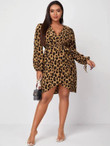 Women Plus Size Cheetah Print Belted Surplice Front Dress