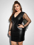 Women Plus Size Contrast Lace PU Leather Bodycon Dress