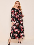 Women Plus Size Allover Floral Print Belted Dress