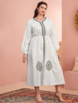 Women Plus Size Plant Embroidered Bishop Sleeve Dress