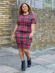 Women Plus Size Contrast Neck Tartan Dress