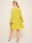 Women Plus Size Ditsy Floral Print Flounce Sleeve Smock Dress