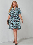 Women Plus Allover Print Notched Belted A-line Dress