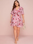 Women Plus Size Cherry & Polka-dot Print Ruffle Trim Belted Dress