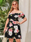 Women Plus Size Notch Neck Floral Bardot Dress