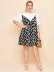Women Plus Size Puff Sleeve Colorblock Daisy Floral Dress