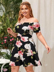 Women Plus Size Notch Neck Floral Bardot Dress
