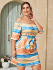 Women Plus Size Off The Shoulder Color Block Ruffle Belted Dress