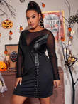 Women Plus Size Contrast PU Grommet Lace-Up Fitted Dress
