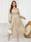 Women Plus Size Allover Print Shirred Waist Lantern Sleeve Dress