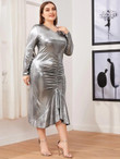 Women Plus Size Ruched Ruffle Hem Metallic Dress