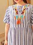 Women Plus Size Flutter Sleeve Tie Neck Embroidery Yoke Striped Smock Dress