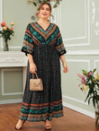 Women Plus Size Paisley & Ditsy Floral Print Tassel Dress