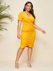 Women Plus Size Ruched Front Midi Fitted Dress