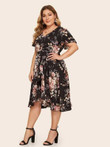 Women Plus Size Floral Print Ruffle Asymmetrical Hem Dress