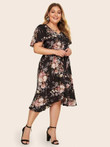 Women Plus Size Floral Print Ruffle Asymmetrical Hem Dress