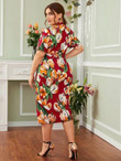 Women Plus Size Mock-neck Split Hem Floral Dress
